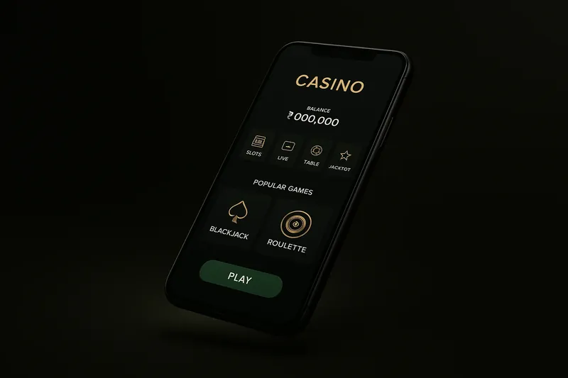 Premium Casino App Sleek smartphone showing dark premium casino app with green accents