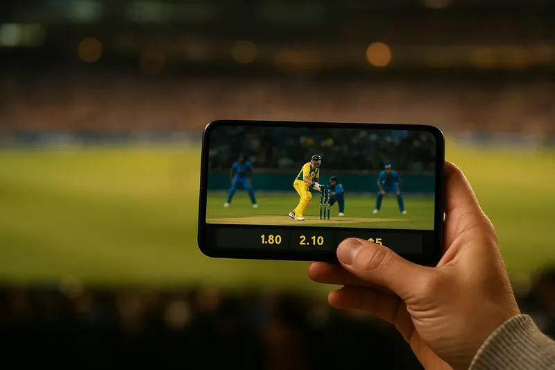 Live Cricket Odds Hand holding smartphone showing live cricket match and real-time odds