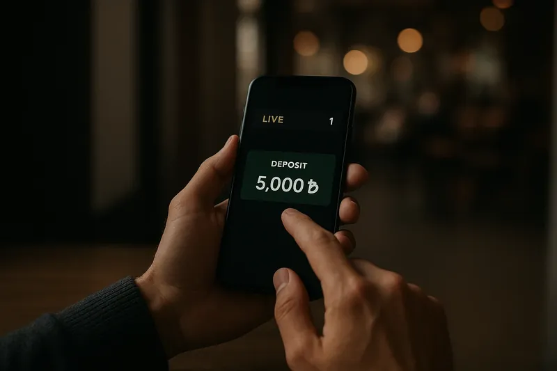 Man typing on smartphone casino app with taka deposit confirmation