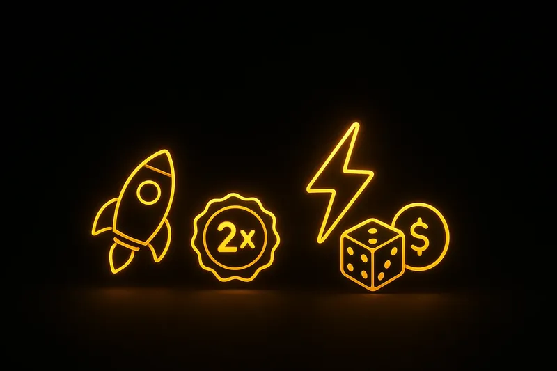 Glowing instant game icons with rocket, dice, coin, lightning, and multiplier badge