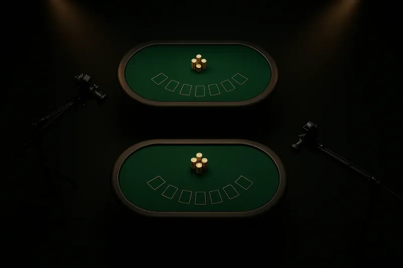 Overhead view of live casino studio with dealer tables and camera rigs