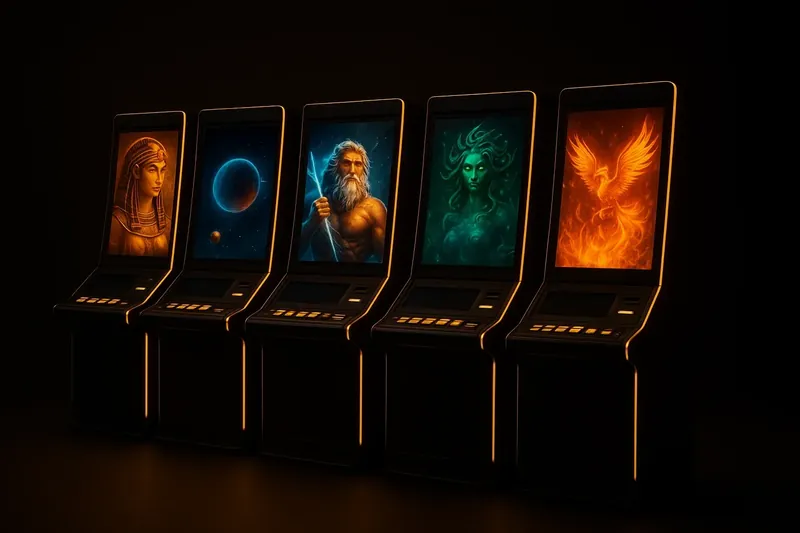 Five modern video slot machines with vivid themed screens and neon lighting